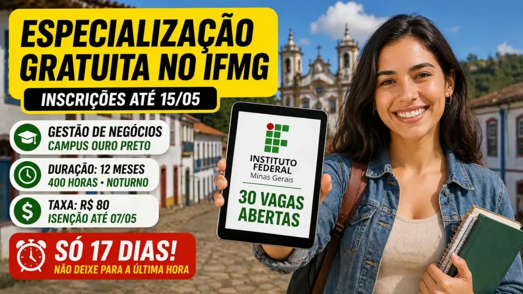 Imagem ilustrativa sobre 30 vagas no ifmg em ouro preto fecham em 17 dias e taxa de r$ 80 barra inscrição