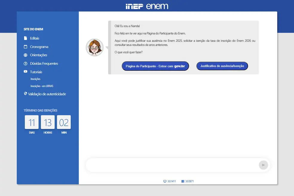 Tela da Página do Participante do Inep para envio do recurso da isenção do Enem 2026