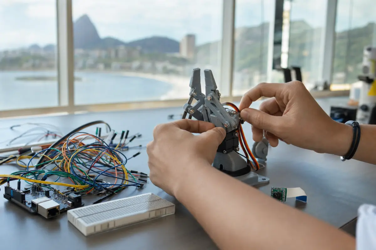 Mãos ajustam garra robótica e microcontrolador em bancada de laboratório; cabos e sensores em foco raso em aula de IA.