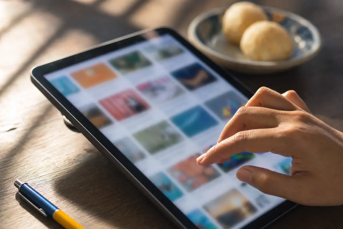 Close-up of a Brazilian hand scrolling a tablet with blurred course tiles on a wooden desk, coffee nearby; Escola Virtual.
